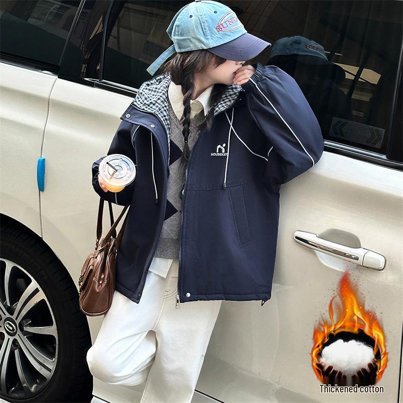 

Модное стеганое хлопковое пальто с капюшоном для девочек 2025 - Теплая зимняя верхняя одежда для детей старшего возраста 120 cm темно-синий