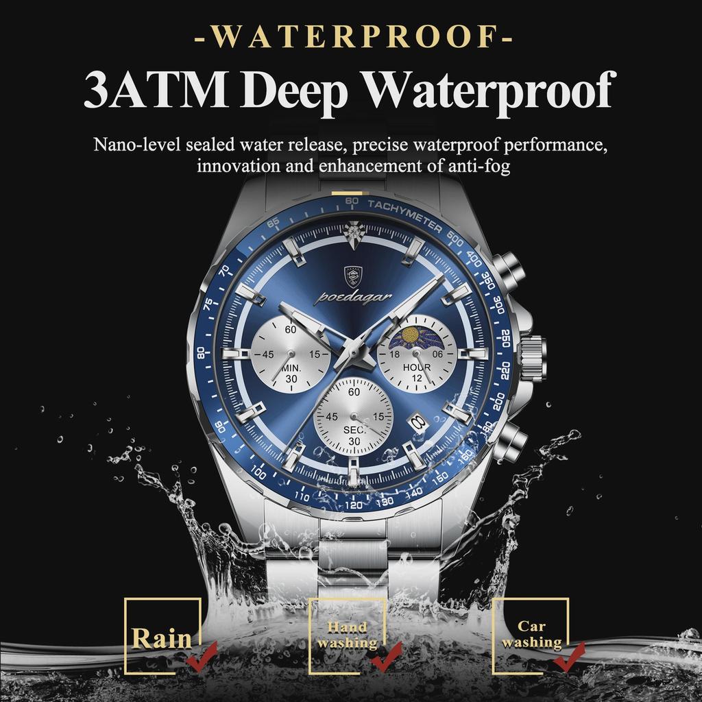 POEDAGAR Luxury Sport Watch For Men Waterproof Luminous Date Chronograph Man Wristwatch Stainless Steel Men's Quartz Watches