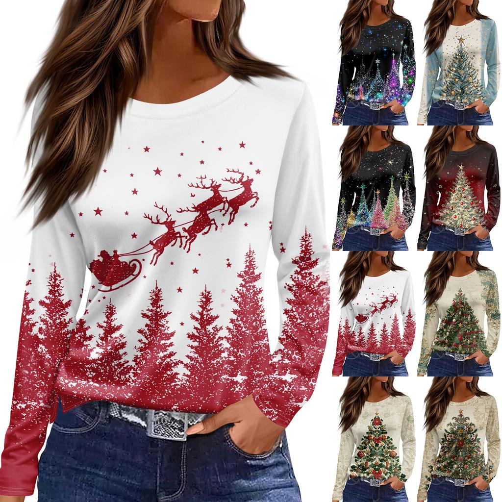 Women's Fashion Casual Slit Hem Round Neck Long Sleeve Loose  Printed T-Shirt Ladies Top