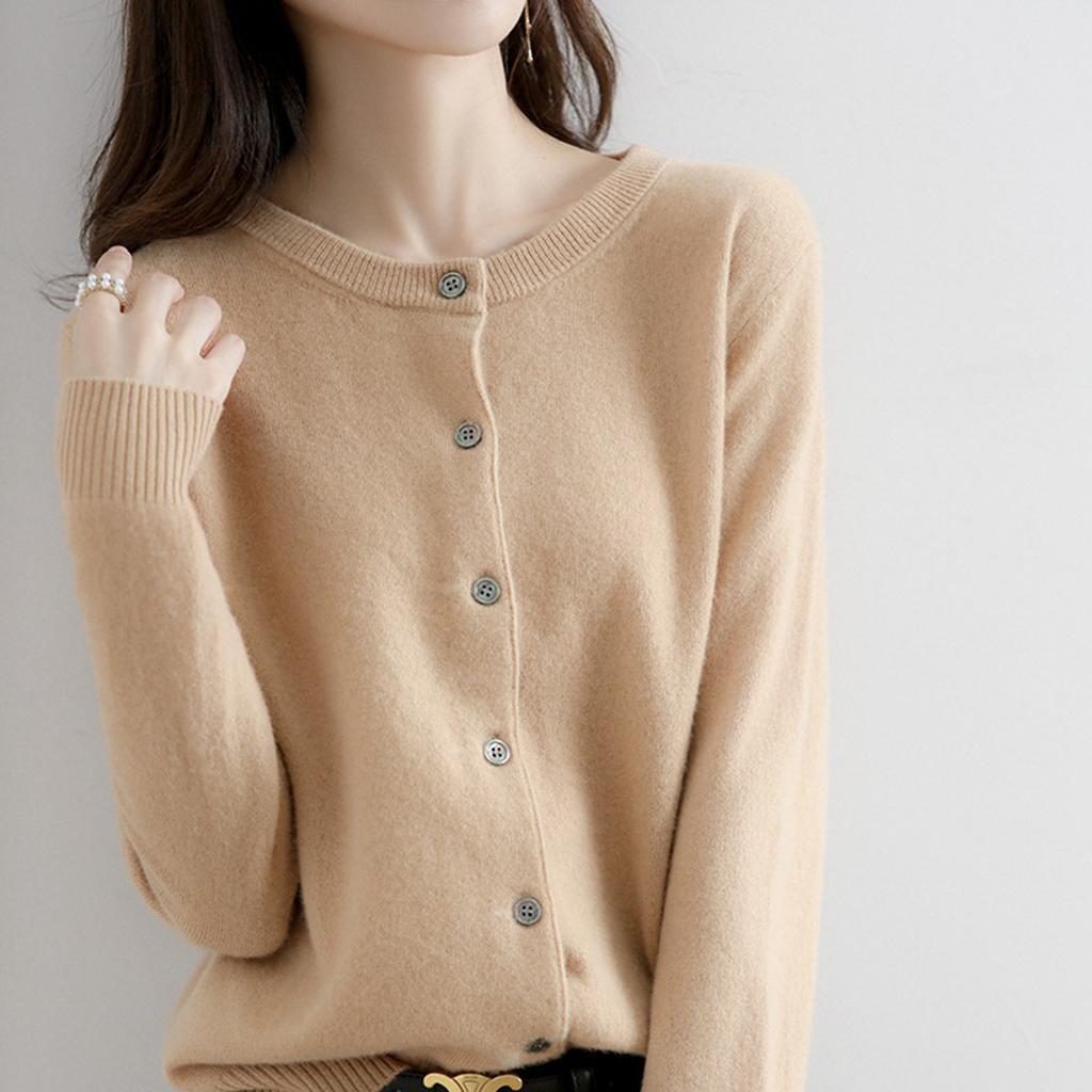 Women's Fashion Solid-Color Fall/Winter Neck Cardigan Knit Sweater Loose-Fit Versatile Long-Sleeve Base Layer Sweater