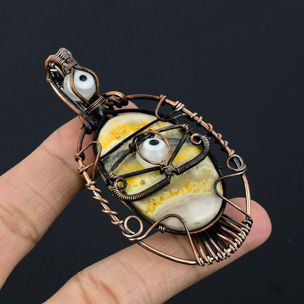 Bumblebee Jasper & White Evil Eye Pendant, 999 Copper Wire Wrapped Gemstone Jewelry, Handmade Pendant, For Mother Day