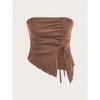 Women European Style Drawstring Irregular Slit Waffle Fitted Strapless Tube Crop Top