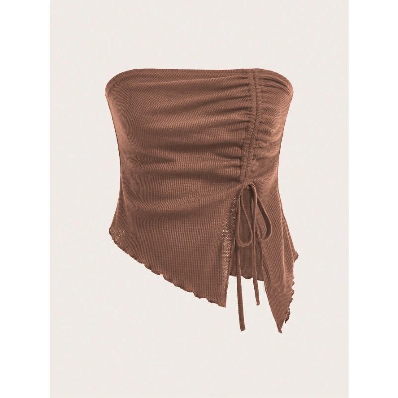 Women European Style Drawstring Irregular Slit Waffle Fitted Strapless Tube Crop Top