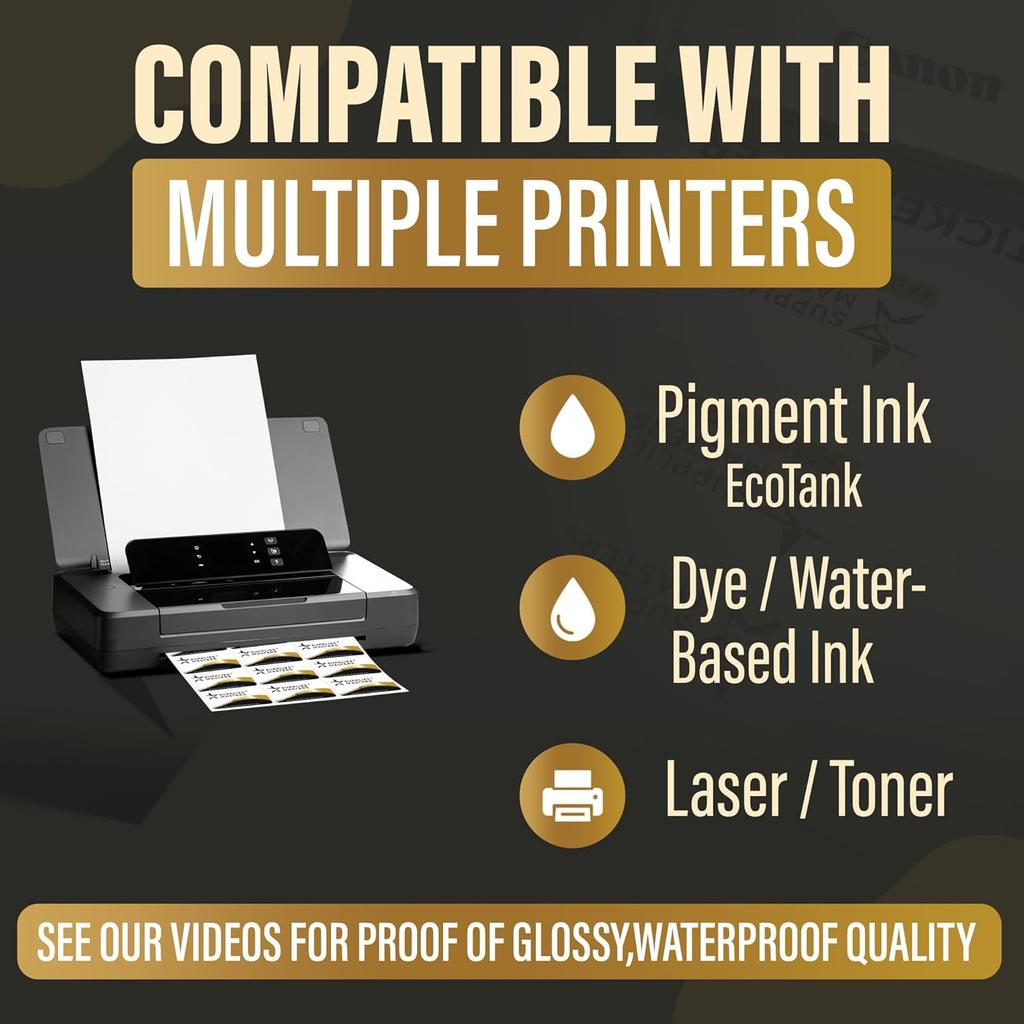 30 Glossy Sticker Sheets 8.5 x 11, Printable Glossy High Resolution Paper for Inkjet Printer (Dyes or PIGMENTS), Papel Adhesivo Brillante Waterproof