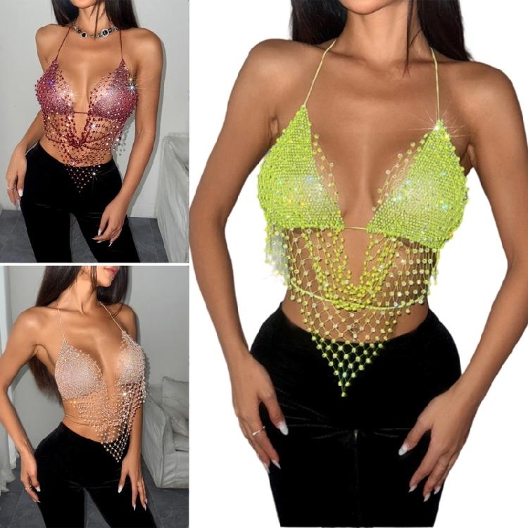 Women Shines Rhinestones Tank Top Halter Body Chain Fishnet Mesh Bra Crop Top Shirt for Night Club Party Raves Outfits