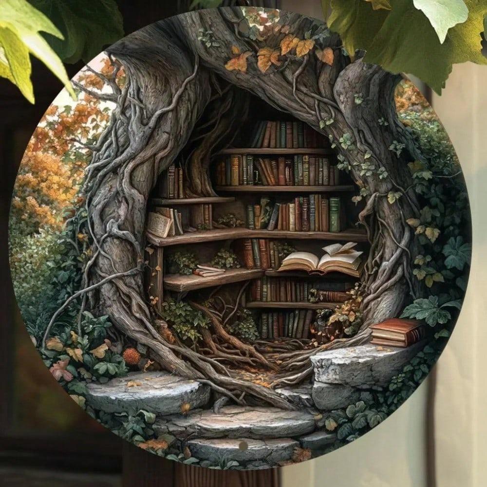 Vintage Tree Bookshelf Metal Wall Art, Round Aluminum Sign for Living Room Home Office Decor