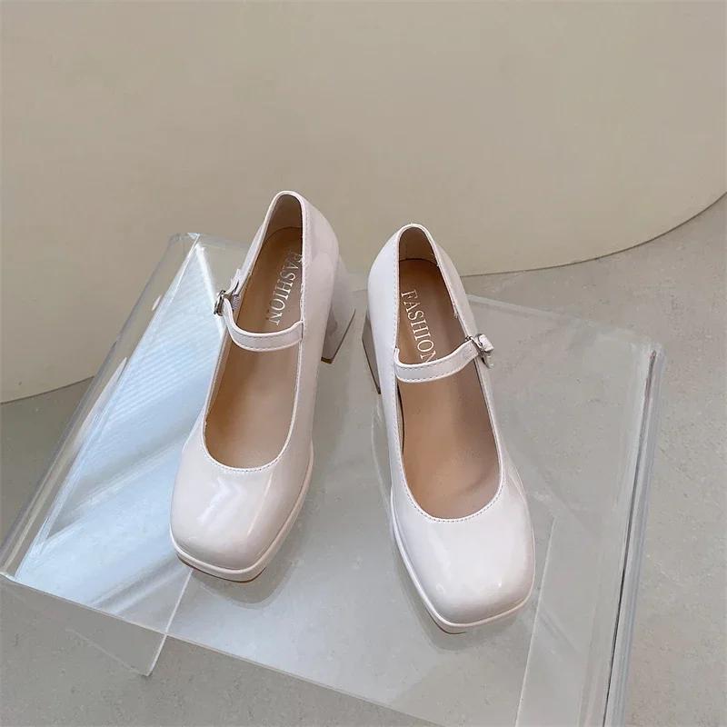

Fashion Rimocy Thick Platform Waterproof Patent Leather Shoes Black Elegant French Style High Heels Small Size Flats for Summer Season 35 бежевый