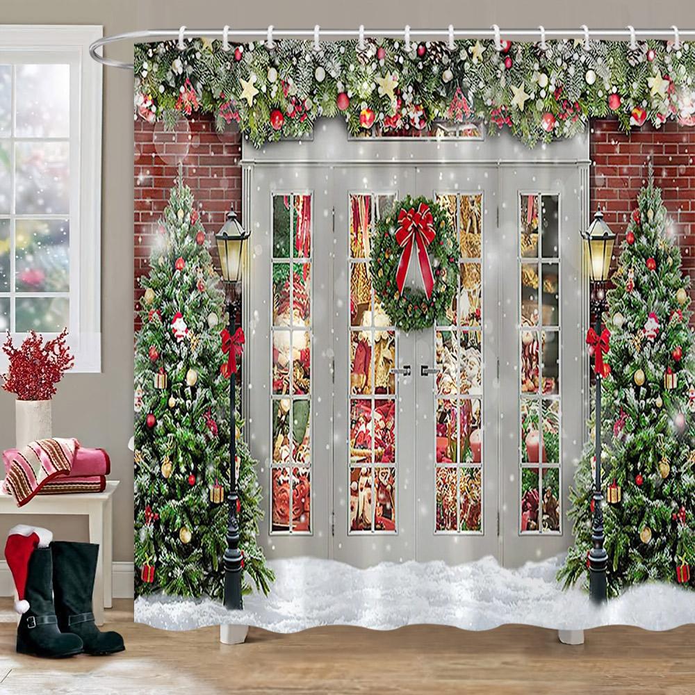 Weihnachten Hintergrund Duschvorhang Feiertagsgeschenke Kamin Weihnachtsbaum Girlande Stoff Badvorhänge Badezimmerdeko mit Haken