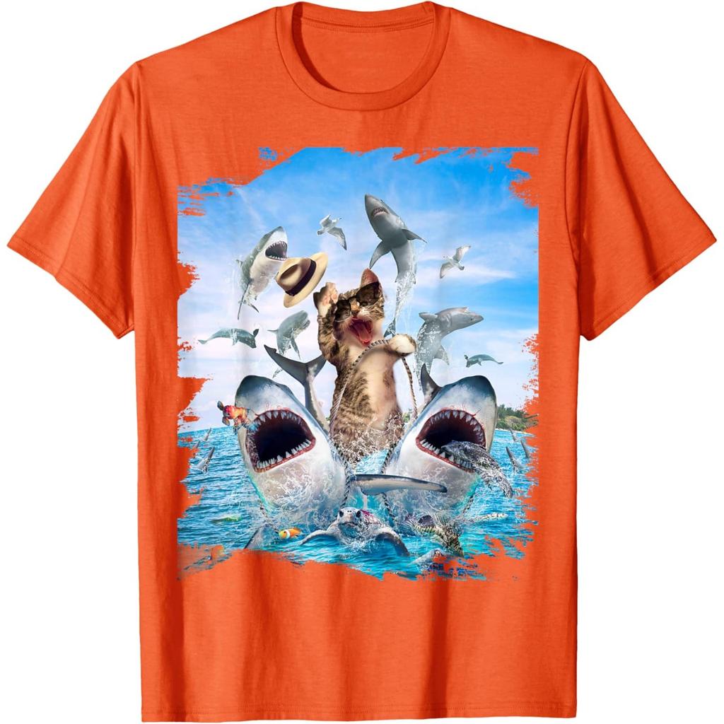 Funny Cat Riding Shark Beach Ocean Graphic Mens Casual Round Neck Tshirt