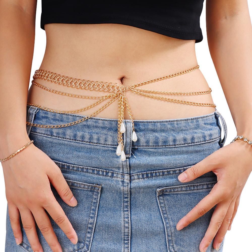 Female Summer Gold Pearl Multilayer Body Chain With Lobster Clasp For Fashion Trendy Wear