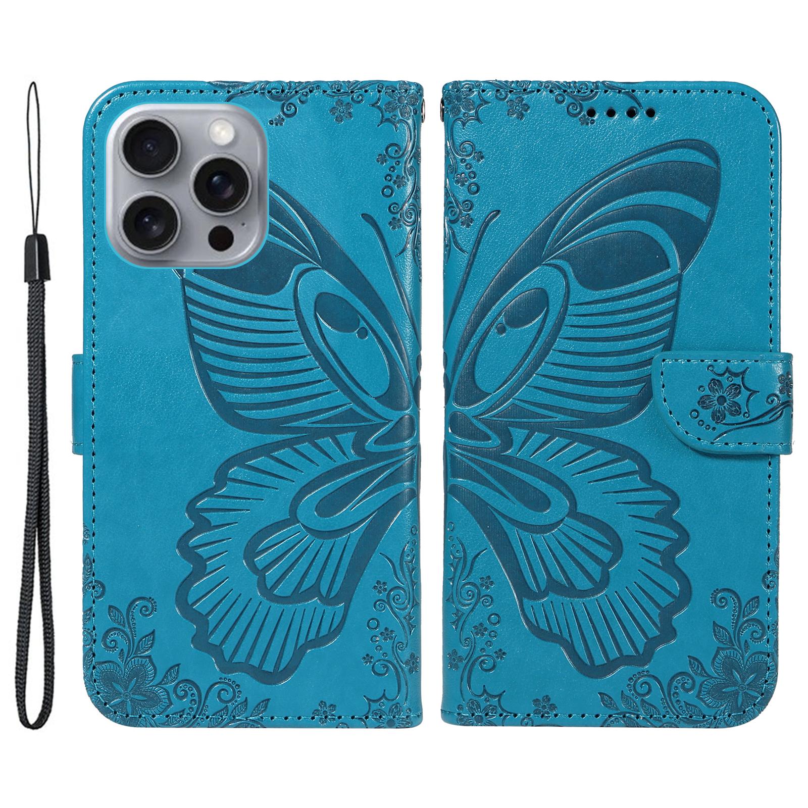 

For iPhone 16 Pro Max Case Butterfly Imprint Anti-Shock Leather Phone Cover Blue
