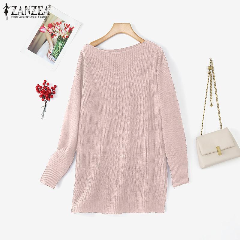 ZANZEA Женские повседневные свободные вязаные свитеры с длинным рукавом и вырезом-лодочкой XL светло-розовый