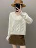 Women's Retro V-Neck Cashmere Sweater - Loose Fit, Cable Knit, Long Sleeve Pullover for Autumn & Winter