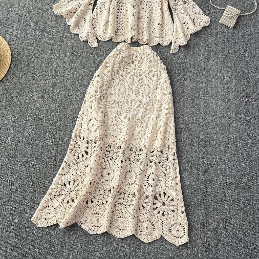 Nouveau 2026 Ensemble Jupe Femmes Tricot Plage Manches Courtes Dentelle Creux Sexy Col Rond Creux Style Été Hauts T-shirts Ample Basique