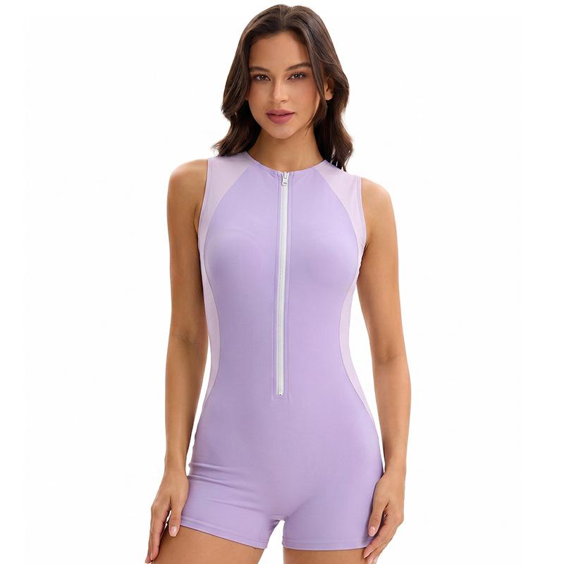 European and American new color-block one-piece swimsuit for women, sleeveless, tight-zipper, conservative sleeveless sleeveless swimsuit wholesale