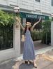 Plaid tube top skirt one-word shoulder dress women's summer French temperament design sense waist seaside vacation long skirt