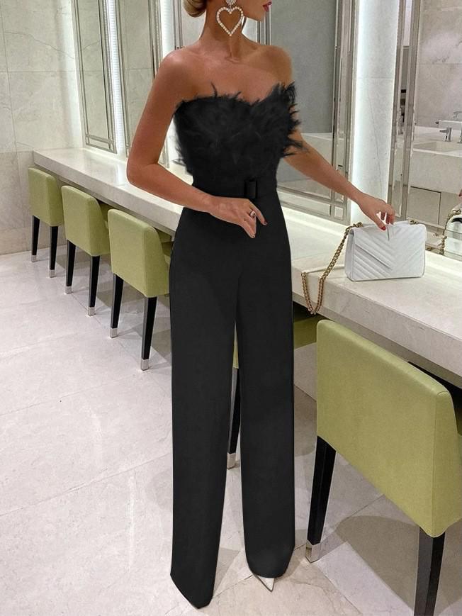 Stylish European & American Feather Strapless Jumpsuit
