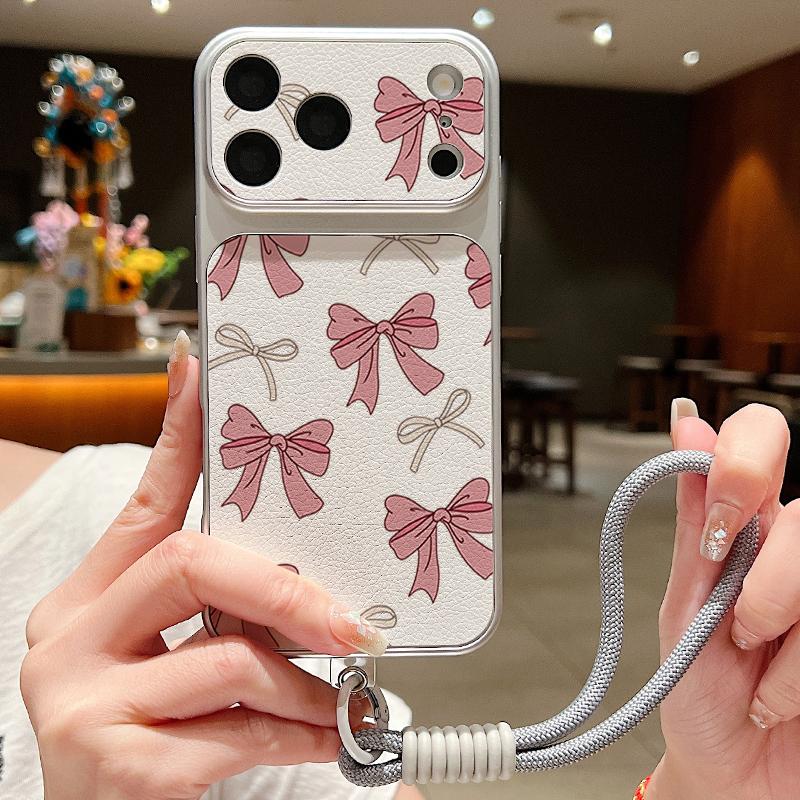 Pink Bowknots Floral Leather Lanyard Case For iPhone 18 Pro Max 17 16 15 14 13 Pro Max Luxury Hybrid TPU+PU Anti-skid Soft Phone Cover