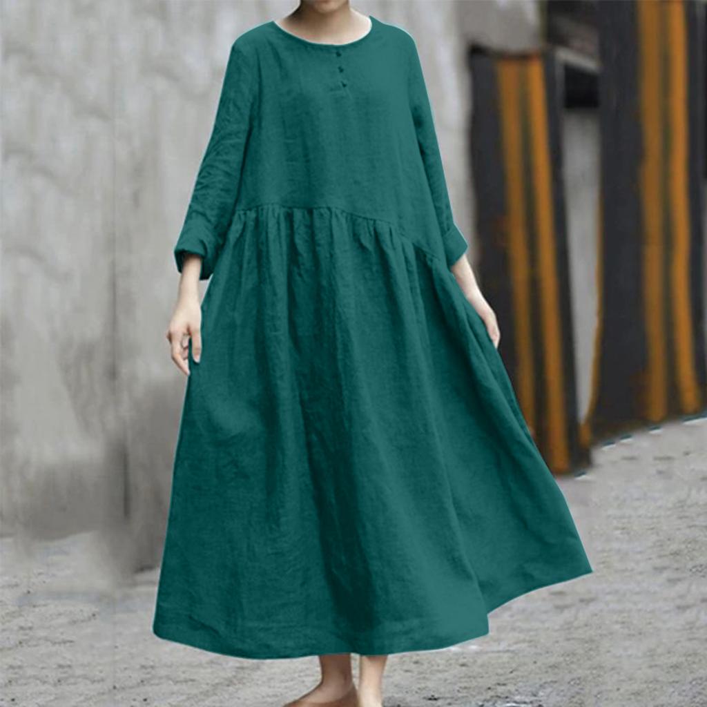 Women's Irregular Splicing Round Neck Pocket Long Sleeved Dress