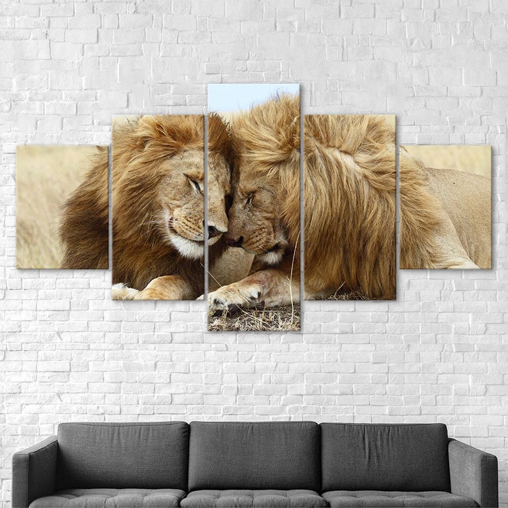 Lion Couple Loving Wild Animal Scene 5 Piece Five Panel Wall Canvas Print Pictures Modern Art Poster Home Decor Gift For Him For Her