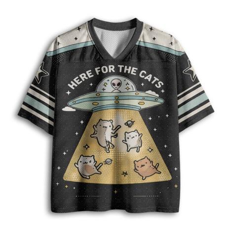 V Neck Football Jersey Cute UFO Alien Abduct Cats Star Space Print Tee Black Cream Mint Striped Short Sleeve Sport Tee
