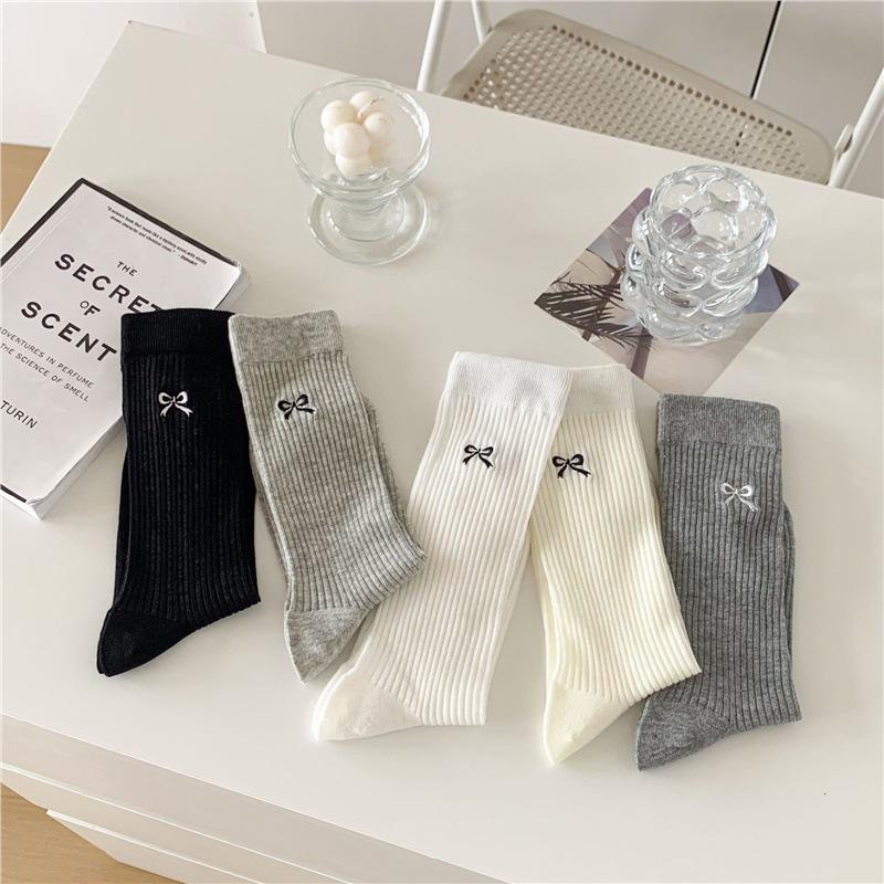 Women's Bow Mid-Calf Mesh Socks - Breathable Solid Color for Spring & Autumn