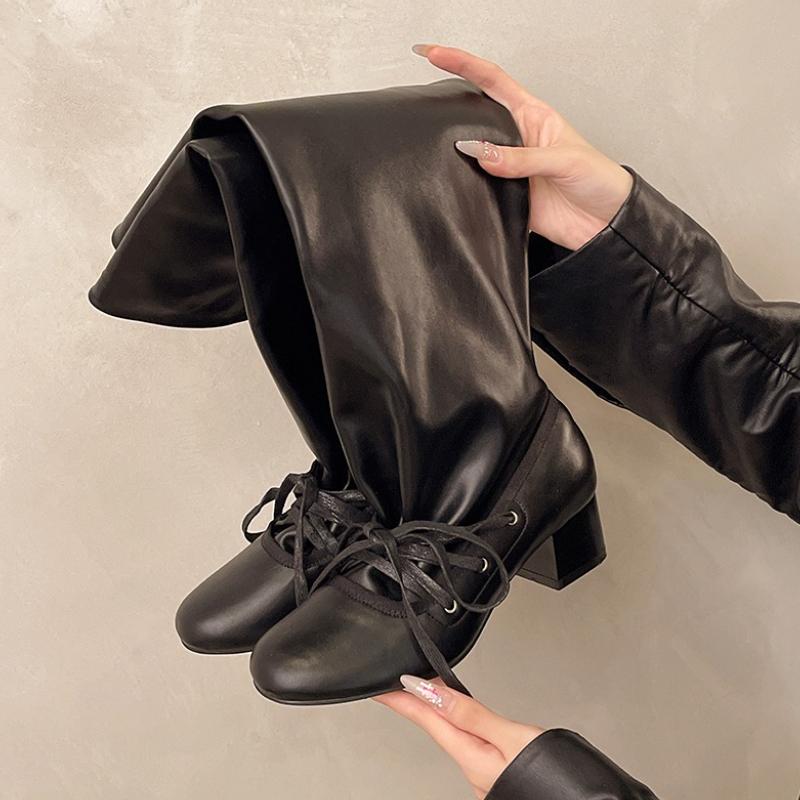 

Fashion Designer Thick Heel Women Knee High Boots Fashion Ladies Lace Up Knight Long Booties botas de inverno feminina 40 чёрный