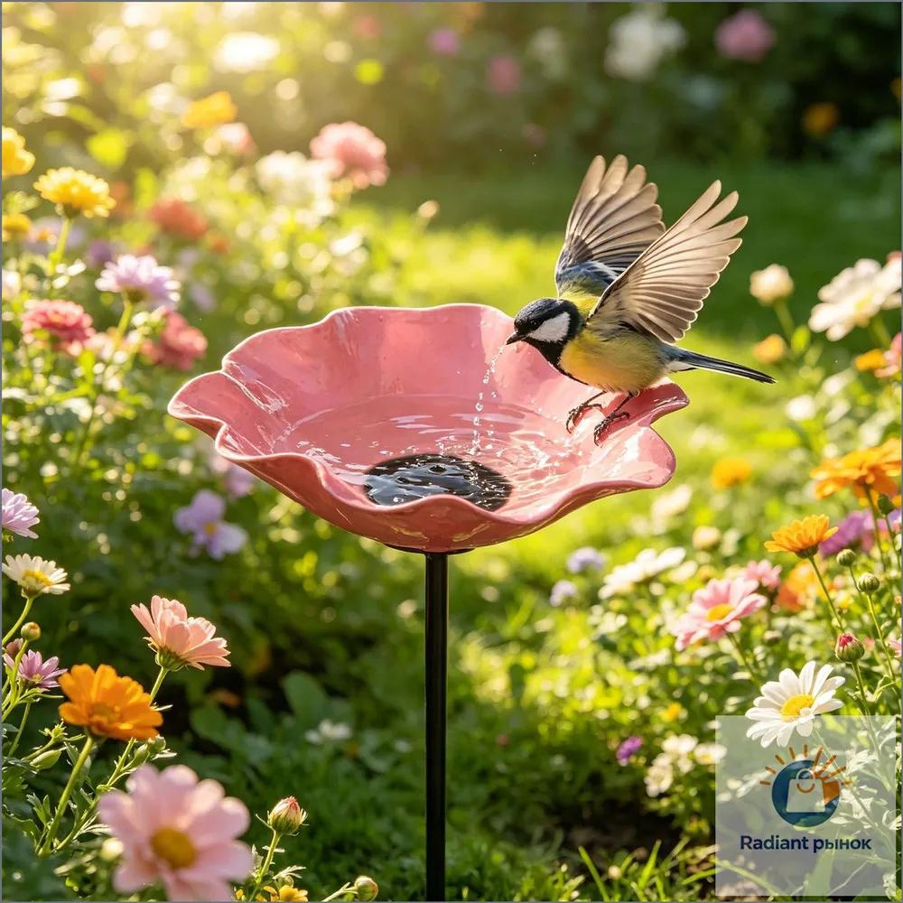 Outdoor Garden Bird Feeder Metal Ground Stake Decorative Flower Shaped Birdbath for Yard Patio Park Lawn