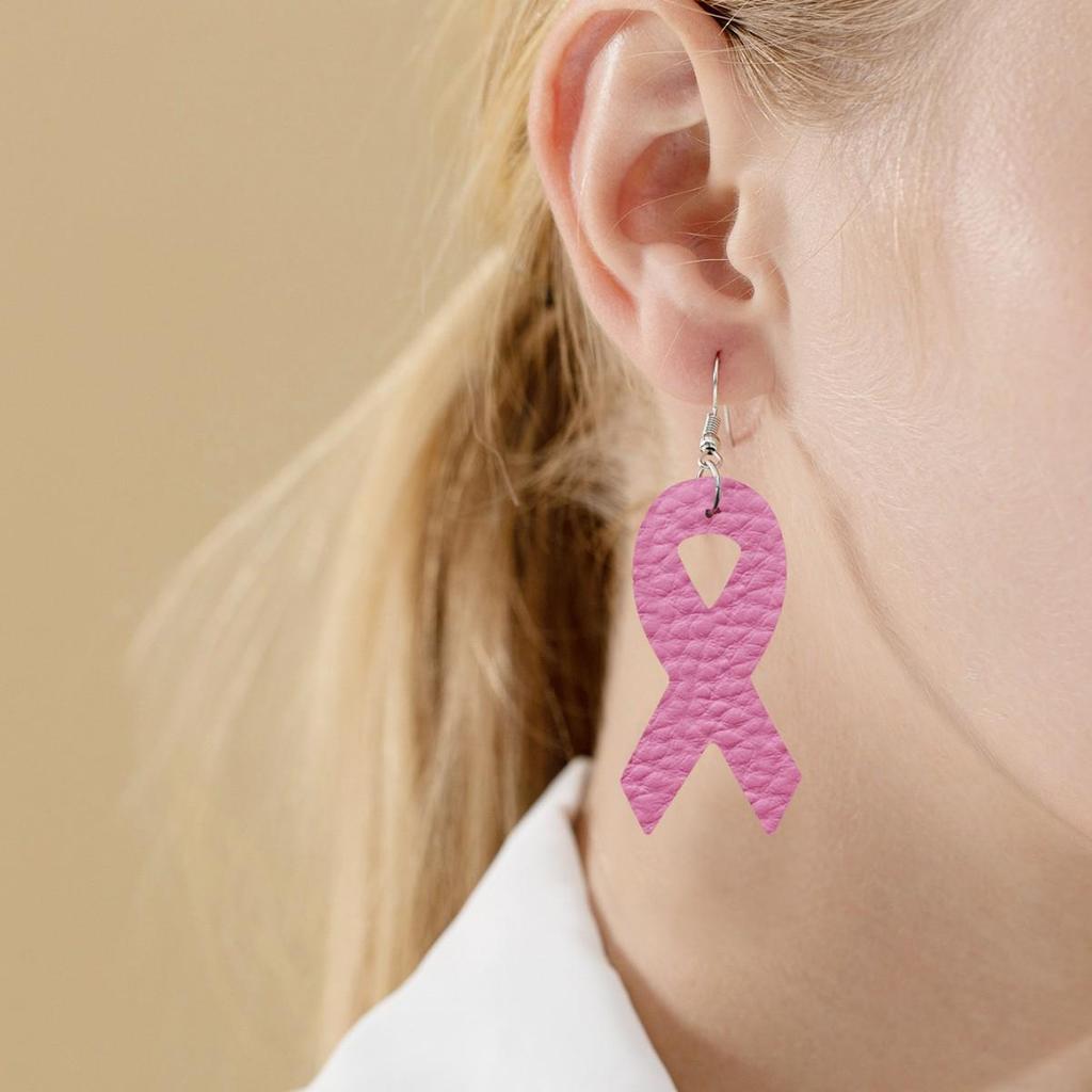 Women's Pink Ribbon PU Leather Earrings for Breast Cancer Awareness