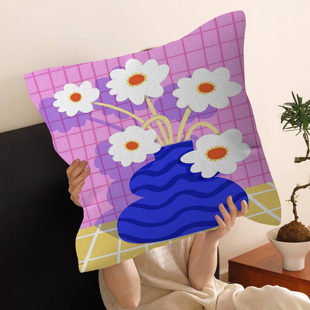 Pink Flower Market Vase Floral Plant Pillow Cover Sofa Cushion Cover Home Room Decoration Children Gift