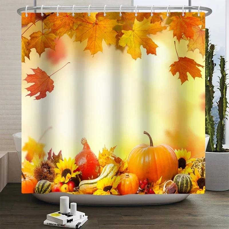Autumn Shower Curtain, Autumn Maple Leaf Pumpkin Bathroom Decoration, Polyester Fabric Shower Curtain Hook, Room Decoration