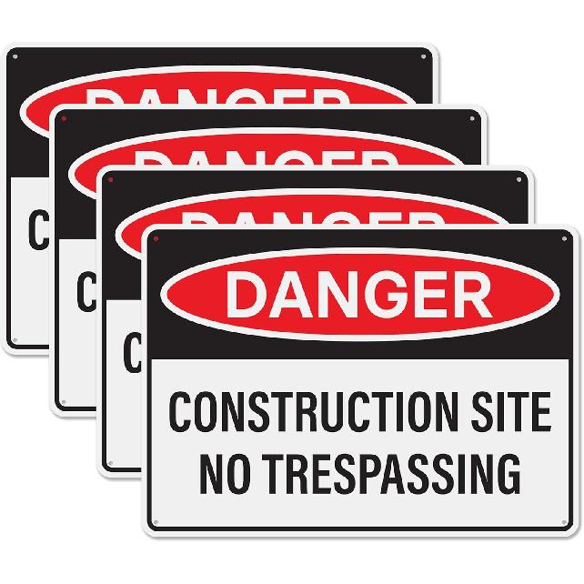 4pcs Danger Construction Site Sign 14x10 inch, Plastic Sign for Construction Site, Hazard Areas, No Trespassing, Waterproof Plastic