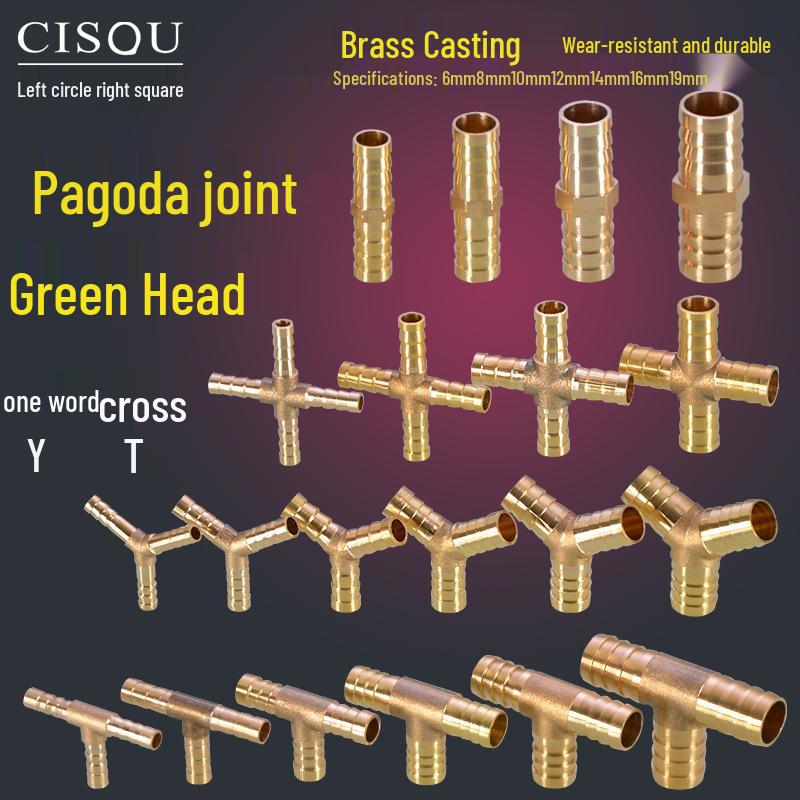 Brass Pagoda Head Insert for Gas Hose, Natural Gas Pipeline Connector 8/12, Pneumatic Fittings Inline Cross Tee
