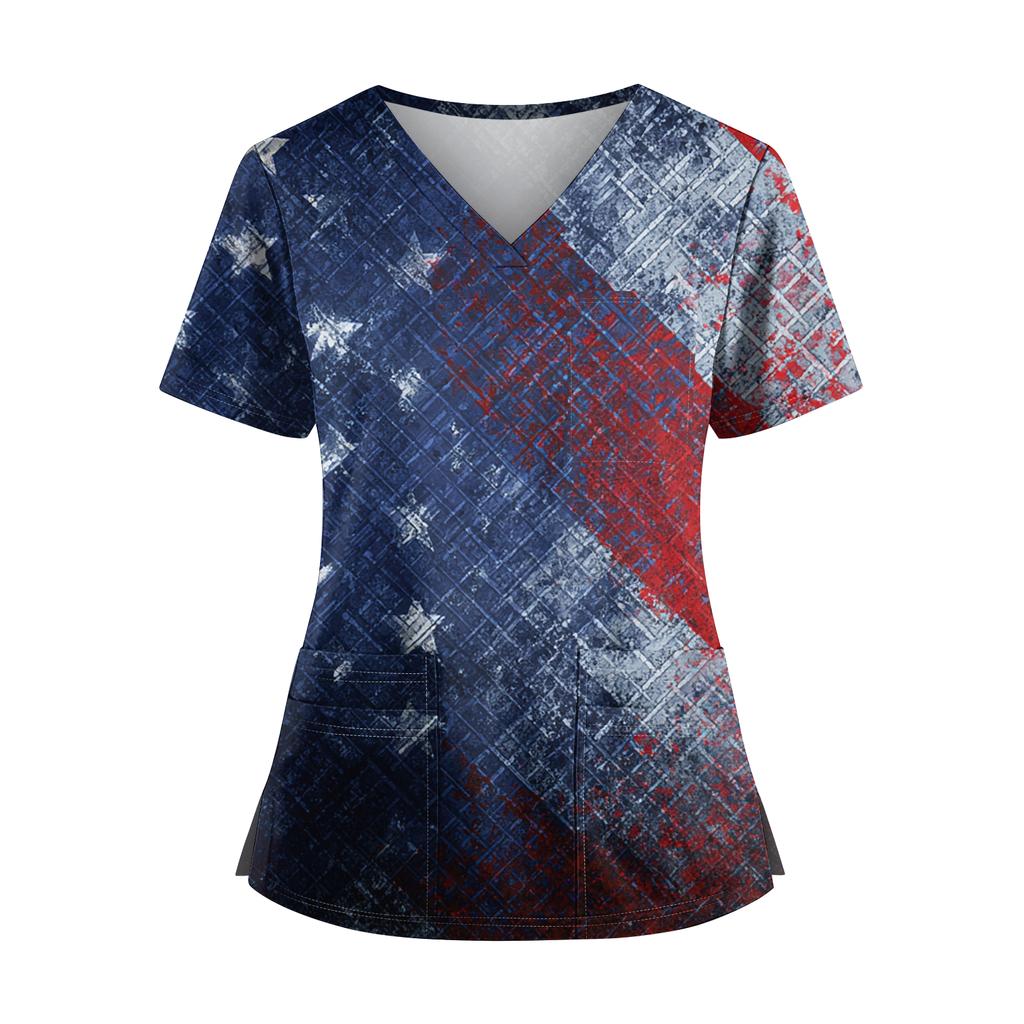 Women's Independence Day Print V-Neck Double Pocket Short Sleeve Uniform with Slit Hem - Caregiver Top