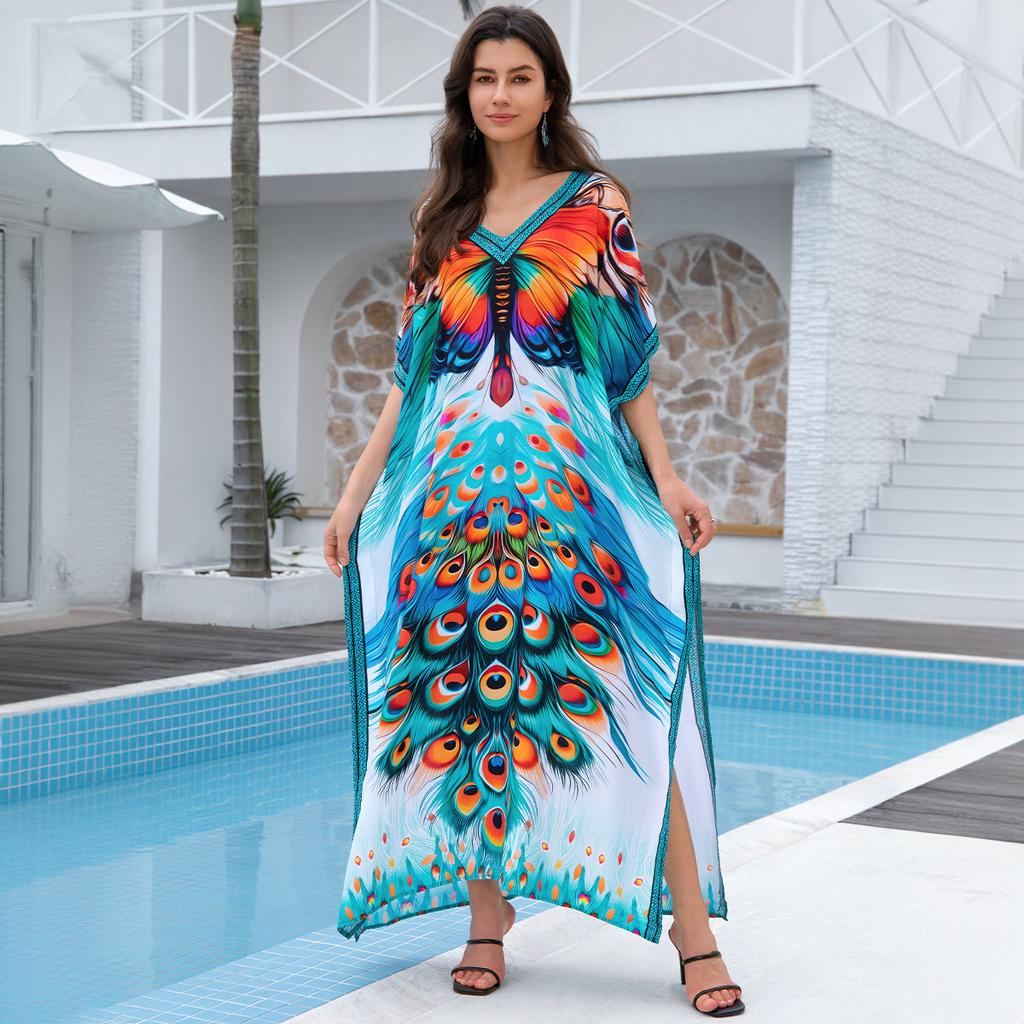 Damenmode Sommer Frühling Federdruck 1/2 Ärmel V-Ausschnitt Lockere Taille Freizeitkleider