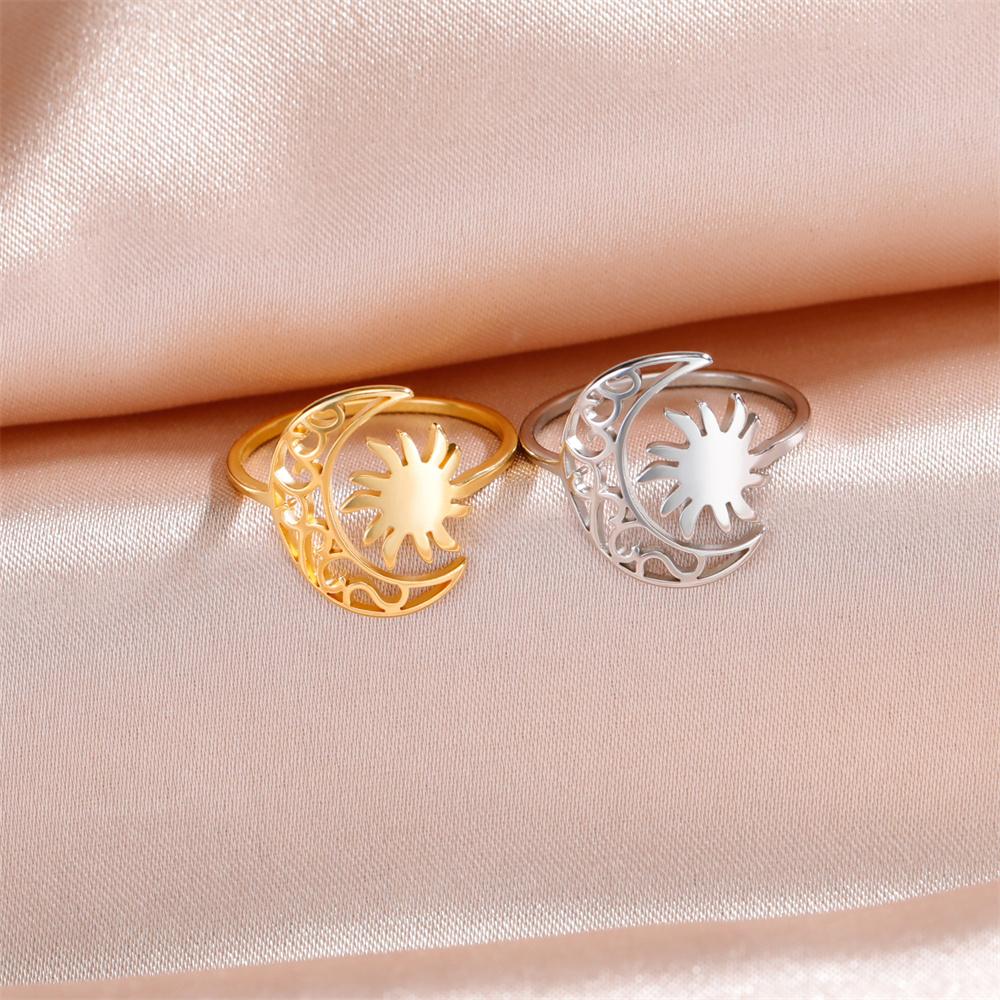 My Shape Sun Moon Rings for Women Men Stainless Steel Gold Color Simple Adjustable Open Size Finger Rings Jewelry Gifts Female