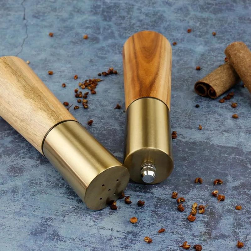 Pepper Coarse Salt Grinder Metallic Acacia Wood Kitchen Seasoning Jar Pepper Mill Set Spice Jar Salt Shaker Kitchen Supplies