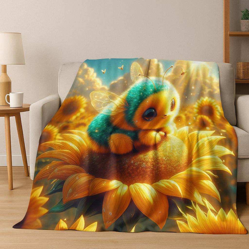 Cute Cartoon Bee HoneyBee Insect Art Flannel Blanket,Cozy Soft Throw Blanket for Home Bedroom Bed Sofa Picnic Cover Gift Kids