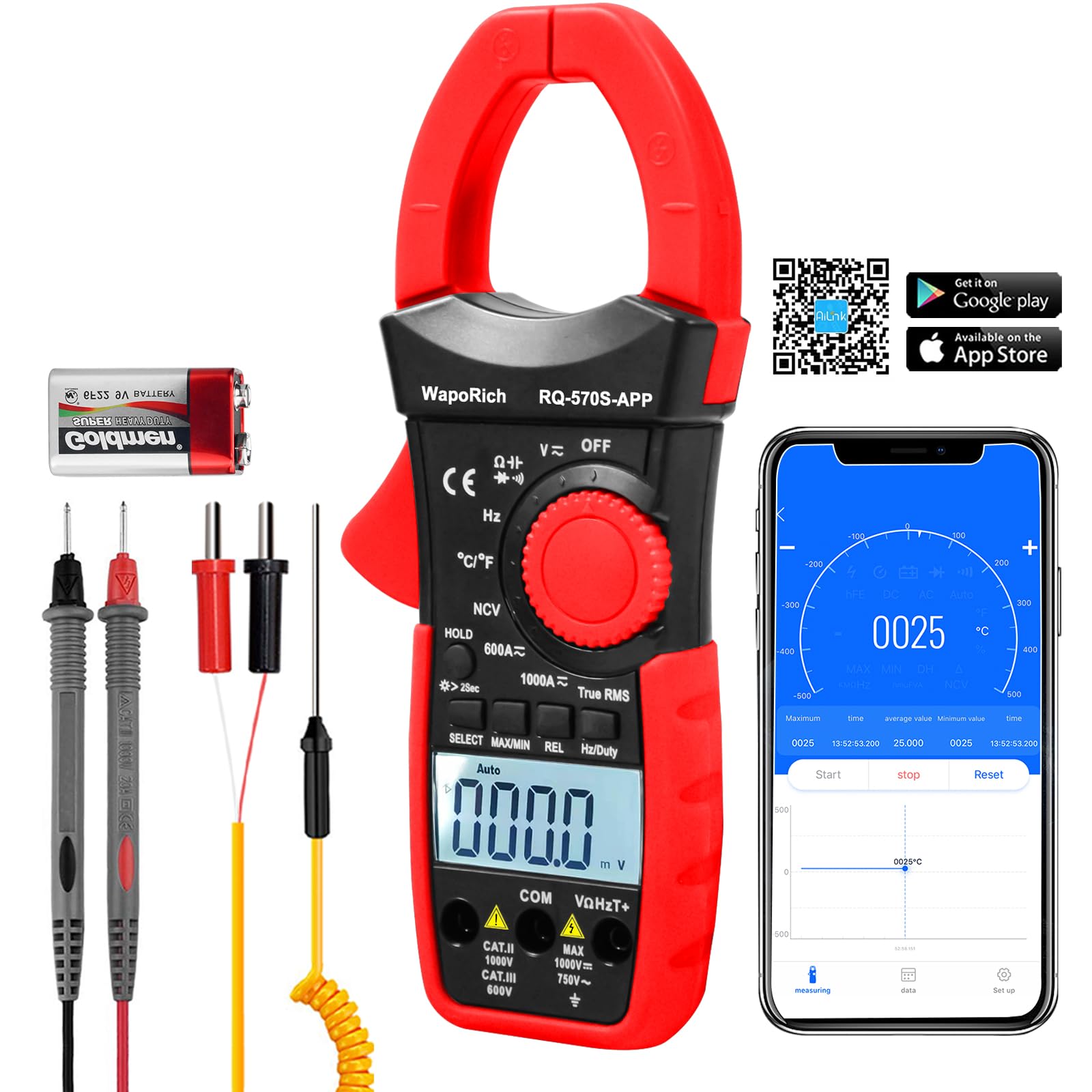 

Bluetooth Digital Clamp True RMS Clamp 6000 Temperature Voltage Function Instruction Manual Meter, RQ-570S-APP, Multimeter, Auto-Ranging, Count, AC/DC