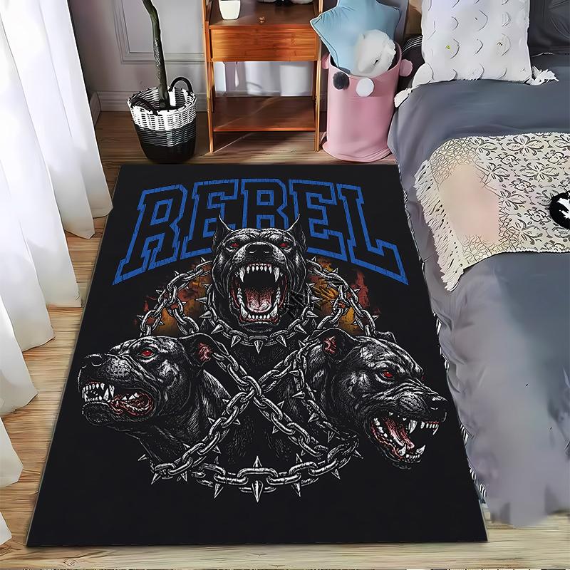 Fierce Three-Headed Dog Print Carpet with Rebel Text Design Suitable for use as an anti-slip for living room bedroom sofas 40x60cm( 15x23in )