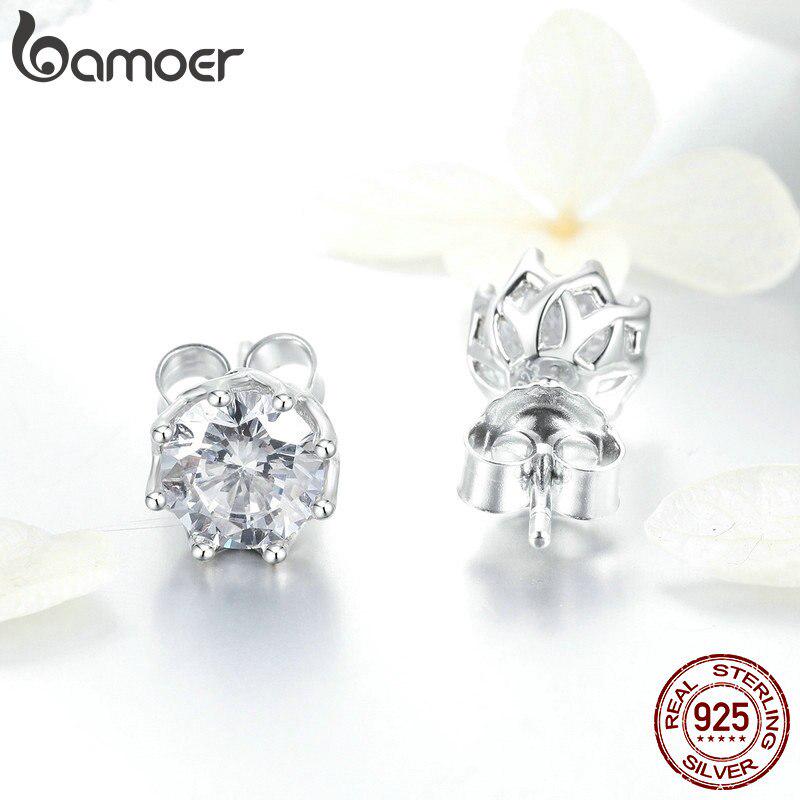 Bamoer Authentic 925 Sterling Silver Classic Clear Cubic Zircon Small Stud Earrings