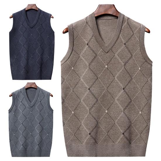 Heren gebreid vest herfst winter V-hals geometrische ruit effen kleur warm winddicht zacht casual mannelijk vest mouwloos top