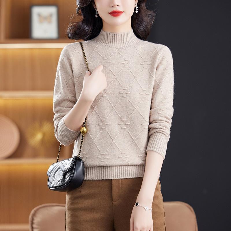 Middle Aged Mom Base Sweater for Autumn and Winter Half High Collar Sweater for Women