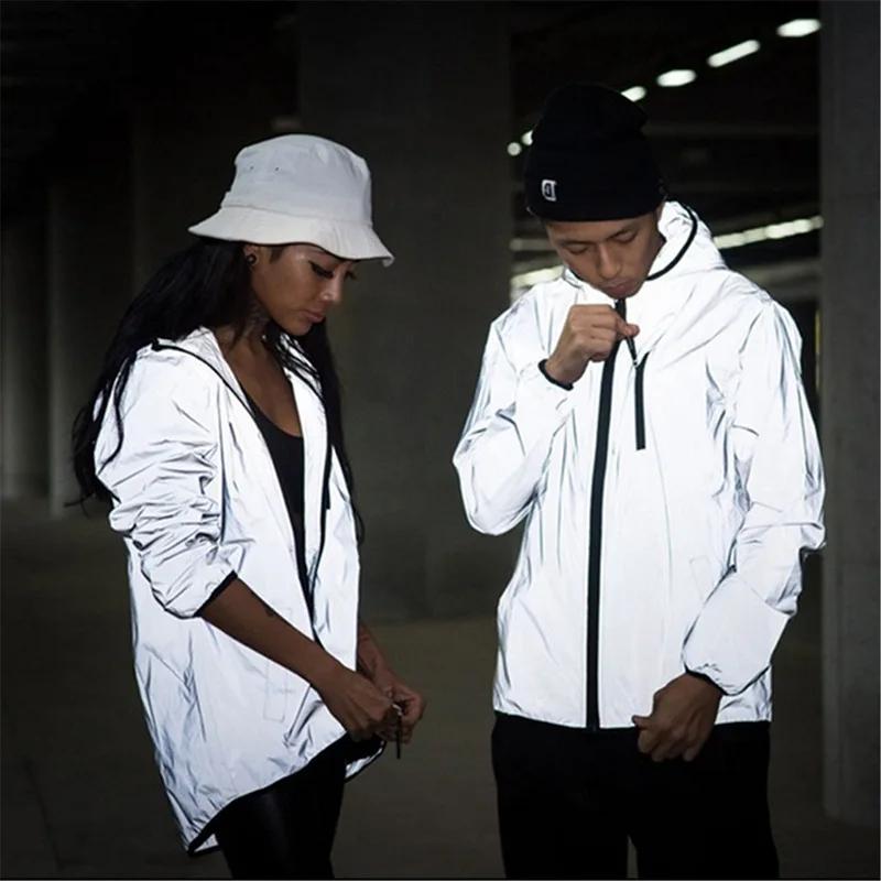 New Night Reflective Jackets Double Fabric Windbreaker Hooded Jacket Men Hip Hop Dancer Singer Waterproof Zipper Coats Outwear