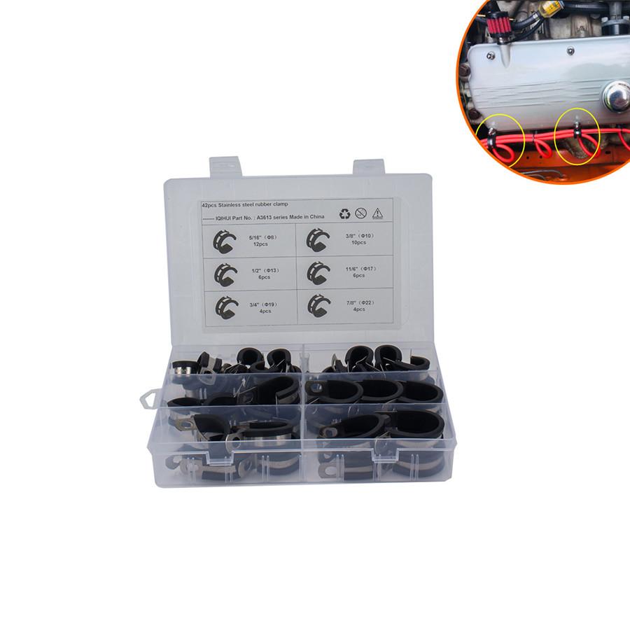 42Pcs 6 Kinds Rubber Cushion Insulated Clamp Ss Cable Clamps Hose Assortment Kit