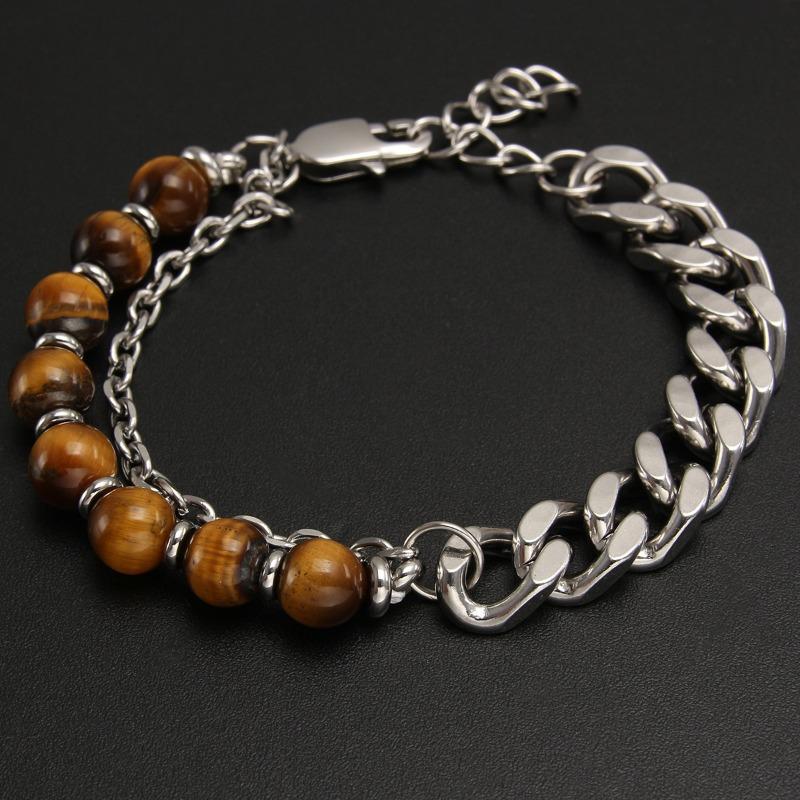 Stainless steel double-sided polished nk chain tiger s eye bracelet - natural stone beaded bangle