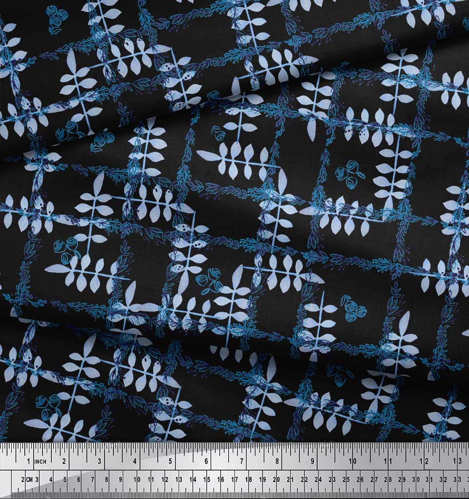 Soimoi Schwarzer Japanischer Krepp-Satin Stoff Blätter & Floral Karomuster Stoff pro Meter 42 Zoll
