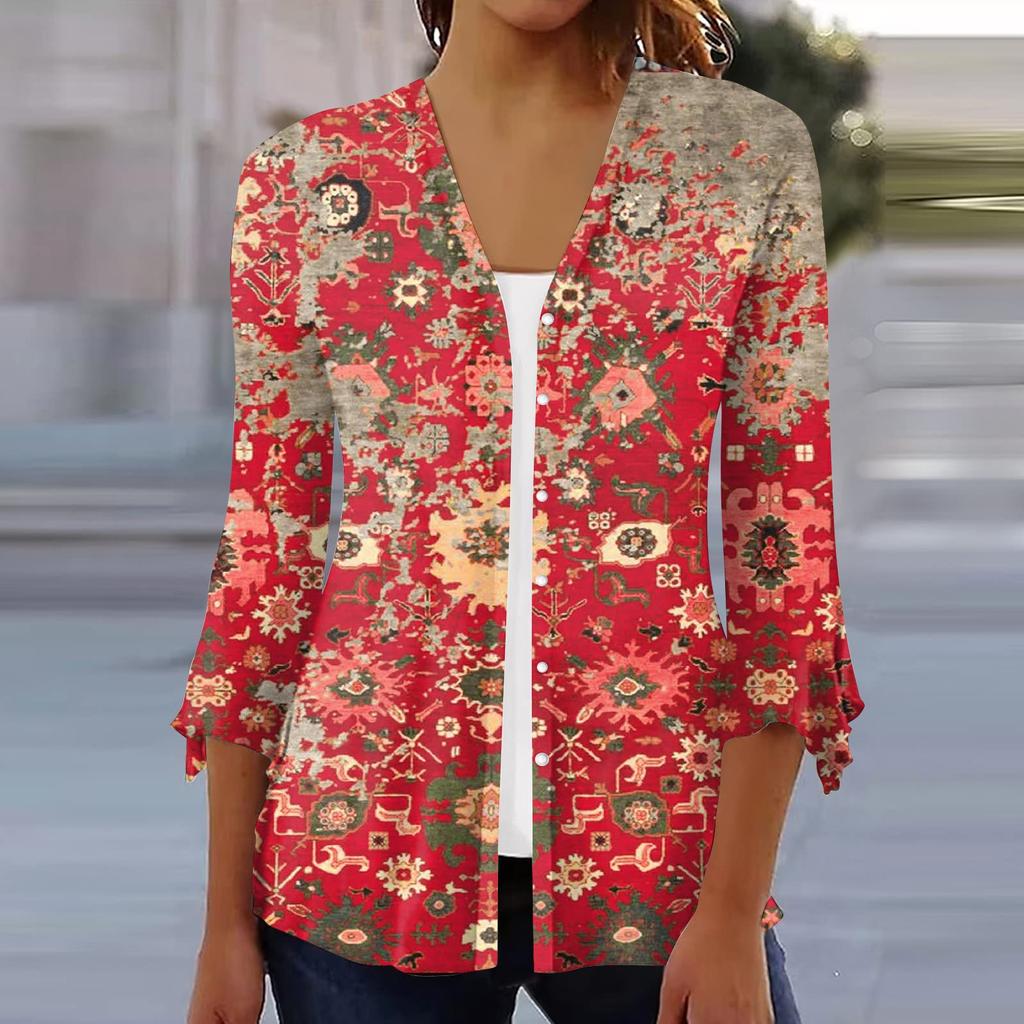 Women's Shirt Blouse Outerwear Print 3/4 Length Sleeve Casual Holiday Basic Button Tops