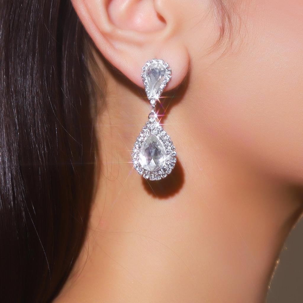 Sparkling Teardrop Dangle Earrings for Women, Full Cubic Diamond Paved Drop Earrings,Red/White/Aurora Crystal Bridal Jewelry for Wedding Party Prom