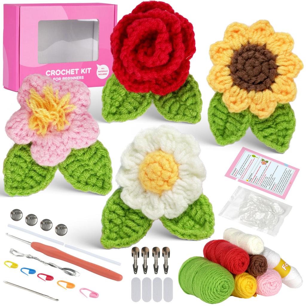 Flower Brooch Crochet Kits DIY Knitting Craft with Yarn Crochet Hook Needle Knitting Marker Material for Beginners Kids